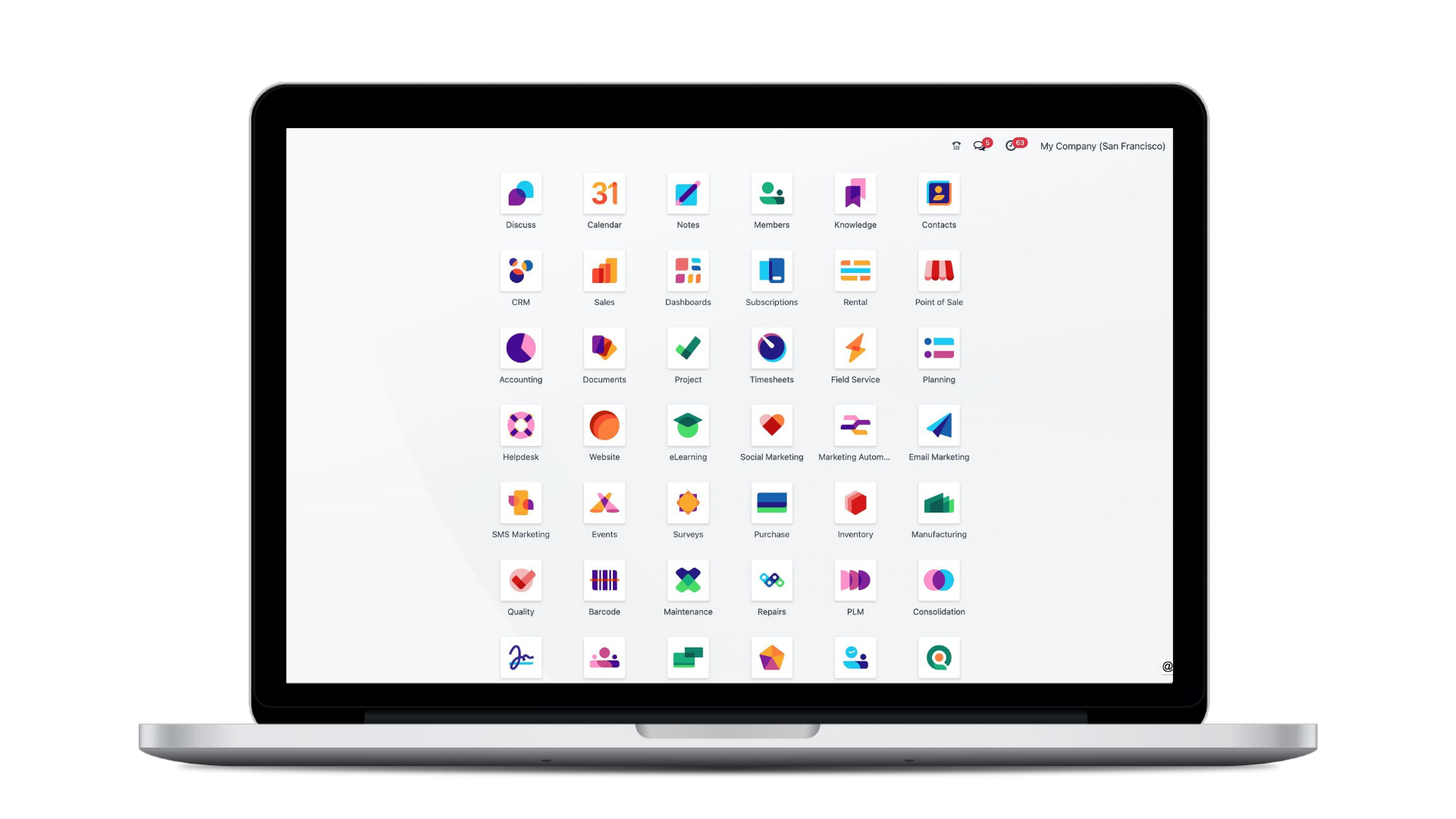 Digital Workspace Laptop displaying Odoo 17 desktop